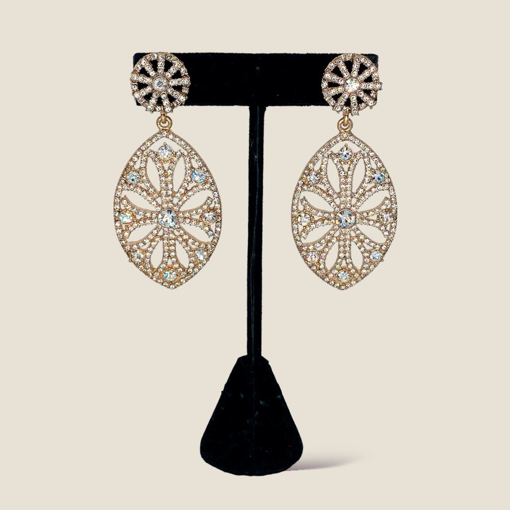 NEW Badgley Mischka Gold Crystal Chandelier Glam Statement Earrings with cutout